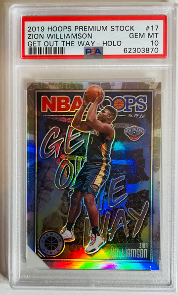 2019-20 Hoops Premium Stock 17 Zion Williamson Get out the Way Holo Prizm PSA 10