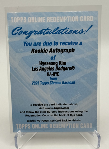2025 Topps Chrome Hyeseong Kim Rookie Autograph Redemption
