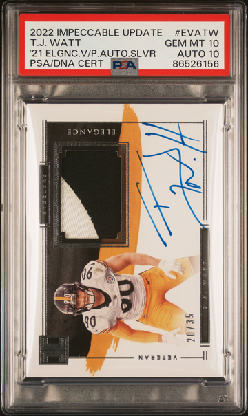 POP 1 PSA 10/10 TJ WATT 2022 Impeccable Elegance Patch AUTO Silver /35