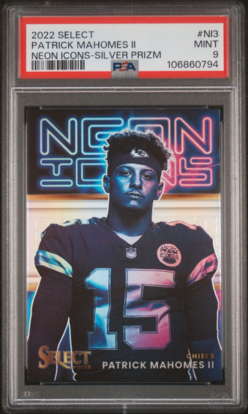2022 SELECT PATRICK MAHOMES II NEON ICONS SILVER PRIZM PSA 9