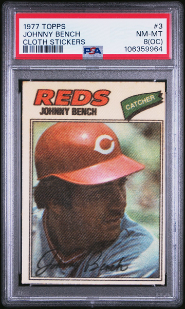 1977 TOPPS JOHNNY BENCH CLOTH STICKER PSA 8 (OC)