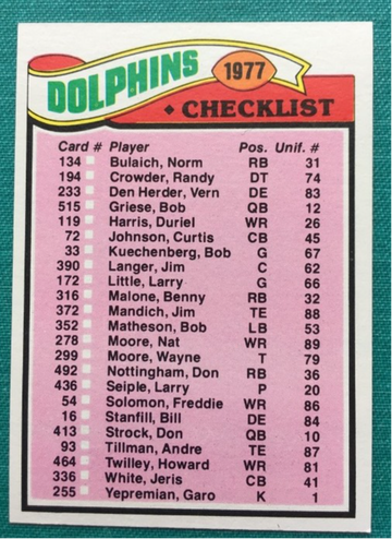 1977 TOPPS FOOTBALL #214 DOLPHINS TEAM