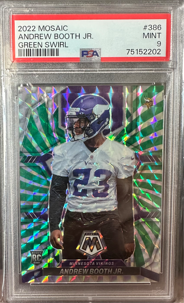2022 Panini Mosaic Andrew Booth JR Green Swirl 11/11 FOTL Rookie Prizm PSA 9