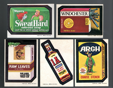 1973 Topps Wacky Packages Non Sport Card Lot 5, 3rd Ser Short Prints, 1A, ARRGH, Raw Leaves, Windchester, Sweat Hard