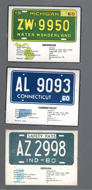 1960 Post Cereal License Plates Lot of 3 Mid Grade Michigan, Connecticut, Indiana