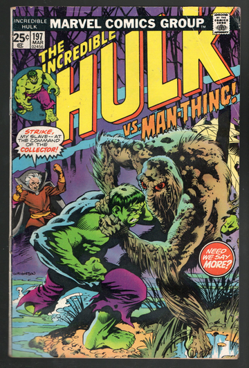 1975 Marvel Comic Book Incredible Hulk #197 VS Man-Thing Wrightson Cover VG++