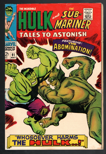 1967 Marvel Tales To Astonish #91 Stunning Red Cover 1st Abomination Cover and Story F/VF- 