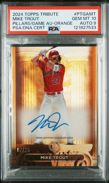 2024 Topps Tribute Mike Trout Pillars of the Game Orange /25 AUTO PSA 10 GEM MINT POP 1