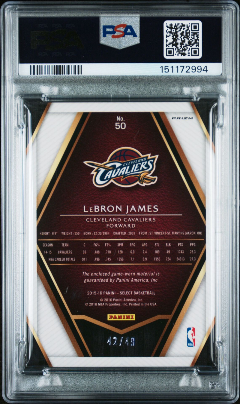 ☆ LeBRON James Select Copper  49枚限定 2015 Panini Select Lebron James Swatches Purple Prizm /49 PSA 9