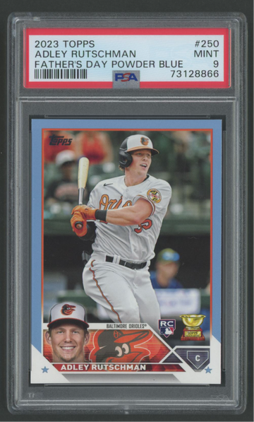2023 Topps Adley Rutschman #250 Father's Day Powder Blue RC #'d /50 PSA MINT 9 SP