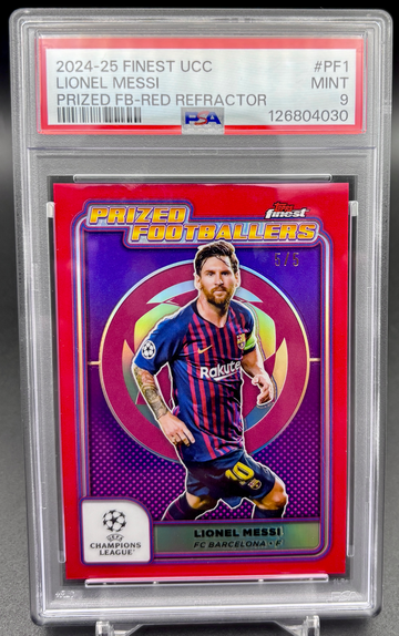 LIONEL MESSI 2024-25 TOPPS FINEST UEFA CHAMPIONS LEAGUE UCC PRIZED FOOTBALLERS RED REFRACTOR /5 PSA 9 MINT