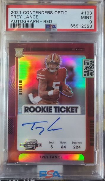 Trey Lance 2021 Contenders Optic Rookie Ticket Autograph Red /99 PSA 9