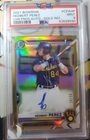 Hedbert Perez 2021 Bowman Chrome 1st Prospect GOLD 1st Auto /50 PSA 9