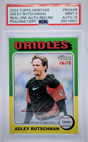 2024 Topps Heritage Adley Rutschman 🔥 REAL ONE RED AUTO #/75 🔥 PSA 9 Auto 10