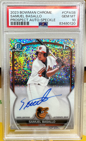 2023 bowman chrome 1st prospect auto Samuel Basallo speckle refractor auto /299 PSA 10 rookie card autograph 