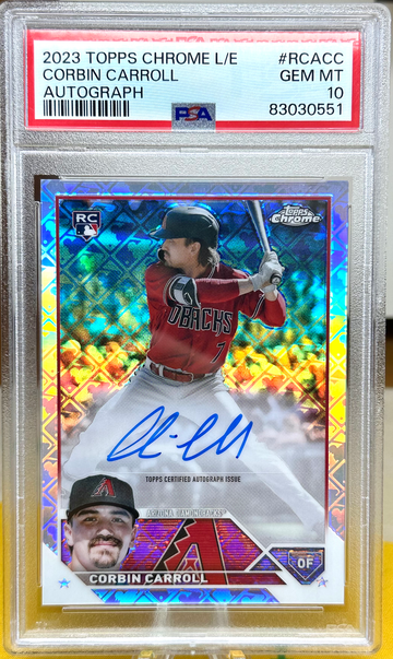 2023 topps chrome logofractor corbin Carroll rookie auto PSA 10 on card autograph ssp sp