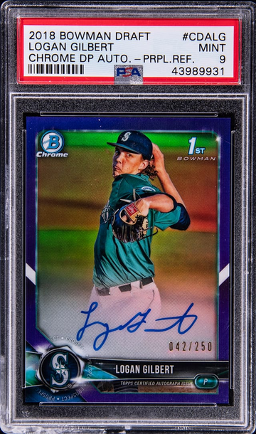 LOGAN GILBERT 2018 BOWMAN CHROME 1ST PURPLE REFRACTOR AUTO /250 PSA 9