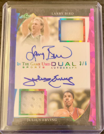 2022 Leaf #GDA-12 In The Game Used 3/6 Larry Bird & Julius Erving Dual Auto Blue & Pink Cracked Ice