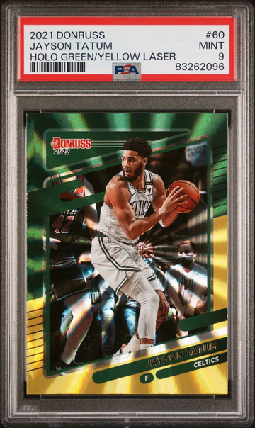2021 Panini Donruss #60 Jayson Tatum Holo Green Yellow Laser Prizm SP - Graded PSA 9 Mint.