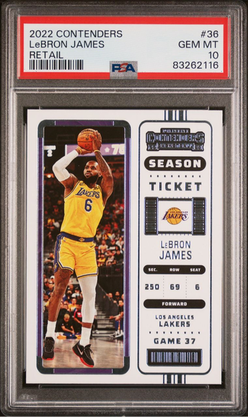 2022 Panini Contenders Season Ticket LeBron James #36 Graded PSA 10 GEM MT Mint Retail Basketball Card.