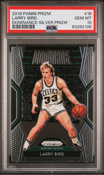 2018 Panini Prizm Larry Bird #16 Dominance Silver Prizm - Graded PSA 10 Gem MT.  POP 18.  