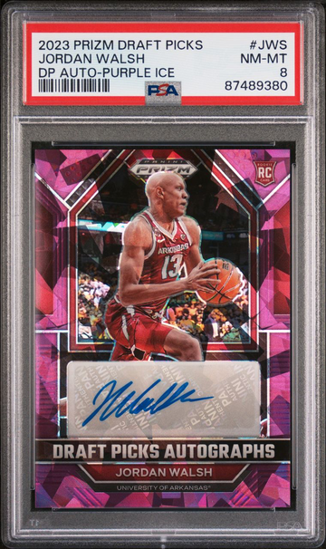 2023 Prizm Draft Picks Graded PSA 8 NM-MT Jordan Walsh Purple Cracked Ice Auto RC #DPA-JWS 30/99 Rookie Autograph Card.