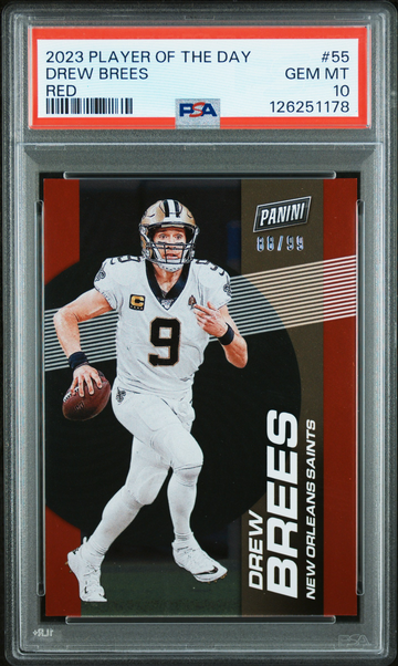 Drew Brees 2023 Panini Drew Brees NFL Player of the Day Red Foil 88/99 PSA 10