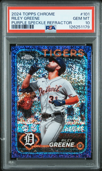 2024 Topps Chrome Riley Greene Purple Speckle Refractor 90/299 PSA 10