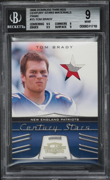 2006 Donruss Threads Tom Brady Century Stars Materials BGS 9 GW Patch #18/25 