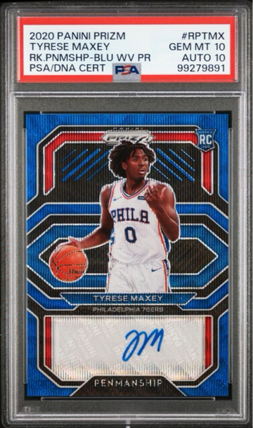 2020 Panini Prizm Rookie Penmanship Tyrese Maxey Blue Wave Auto 10 PSA 10