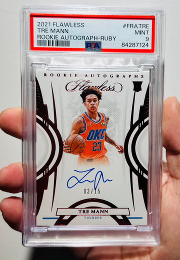 2021-22 Panini Flawless TRE MANN FRA-TRE ROOKIE AUTO RUBY 13/15 RC PSA9