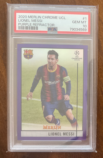 2020 Merlin Chrome UCL Lionel Messi Purple Refractor 157/299 PSA10
