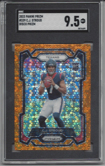 CJ STROUD 2023 PANINI PRIZM ORANGE DISCO PRIZM PARALLEL RC #339 ROOKIE SGC 9.5 MINT+