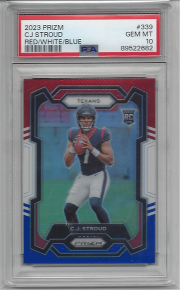 CJ STROUD 2023 PANINI PRIZM RED WHITE BLUE PRIZM RC #339 ROOKIE PSA 10 GEM MINT