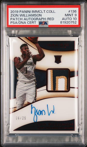 2019-20 Immaculate Zion Williamson Red RPA /25 PSA 9 Auto 10