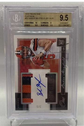 2018 Panini One Baker Mayfield Platinum RPA Rookie Jersey Patch Auto #’d /5 BGS 9.5