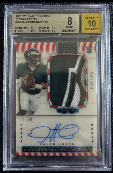 2020 National Treasures Jalen Hurts Stars & Stripes FOTL RPA 19/20 BGS 8 Auto 10 