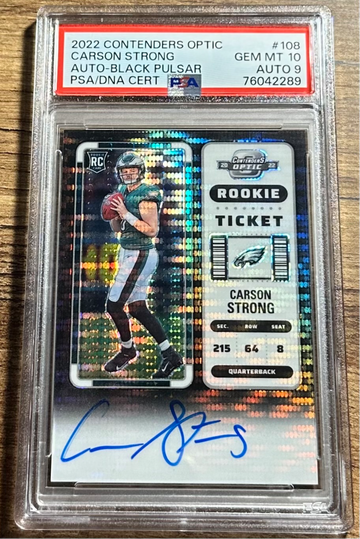 2022 Carson Strong Panini Contenders Optic Rookie Ticket Black Pulsar Auto Prizm /8 PSA 10 #108 RC SP