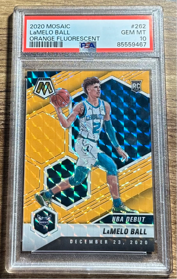 2020-21 Lamelo Ball Panini Mosaic NBA Debut Orange Fluorescent Prizm Rookie /25 PSA 10 #262 RC SP