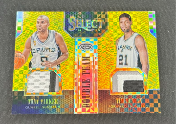 2014-15 Tony Parker Tim Duncan Panini Select Gold Prizm Patch /10 Double Team #21 Dual Jersey SP