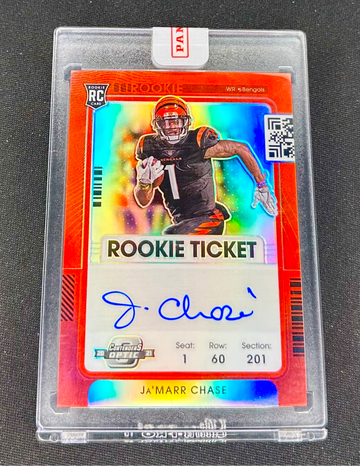 2021 Ja’Marr Chase Panini Contenders Optic Rookie Ticket Prizm Red Auto /50 SEALED #105 RC SP Autograph Jamarr