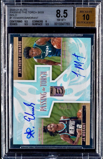 2020 Anthony Edwards Ja Morant Donruss Elite Passing The Torch Gold Rookie Auto 6/10 BGS 8.5 Dual Autograph RC SP