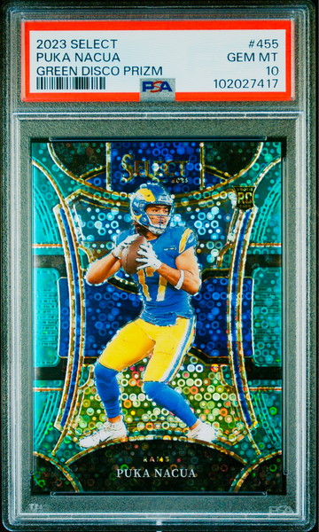 2023 Puka Nacua Panini Select Green Disco Prizm Rookie Suite Level 2/5 PSA 10 #455 SP RC