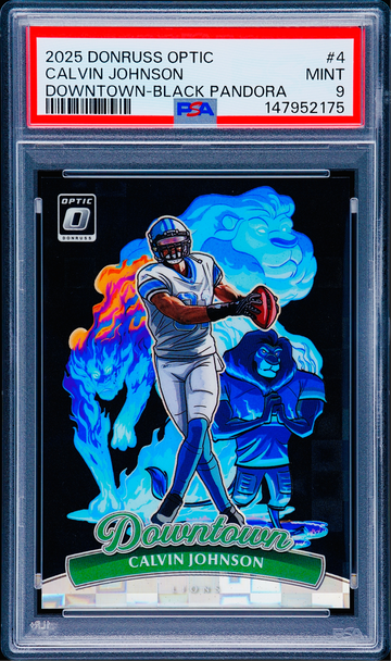 2025 Calvin Johnson Panini Donruss Optic Downtown Black Pandora Prizm 18/25 PSA 9 #4 SP Megatron