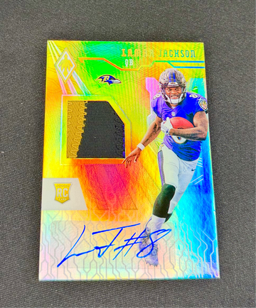 2018 Lamar Jackson Panini Phoenix Yellow Gold Rookie Patch Auto /35 RPA Jersey Autograph RC