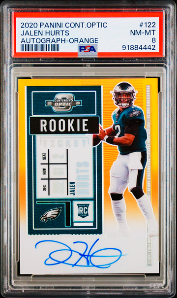 2020 Jalen Hurts Contenders Optic Orange Prizm Rookie Auto 3/50 PSA 8 #122 Ticket Autograph