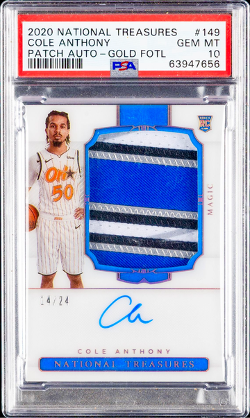 2020 Cole Anthony Panini National Treasures Gold FOTL Rookie Patch Auto RPA /24 PSA 10 #149 Autograph Holo