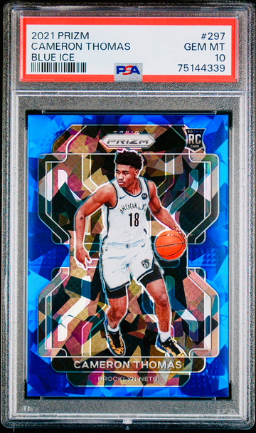 2021 Cameron Thomas Panini Prizm Blue Cracked Ice Rookie /125 PSA 10 GEM #297 SP RC