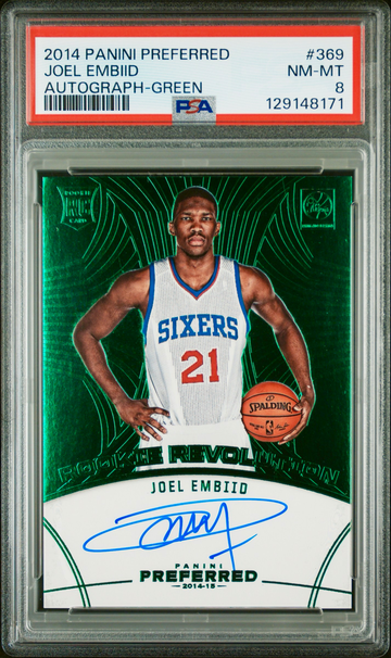 2014 Joel Embiid Panini Preferred Auto Green Emerald 4/5 PSA 8 #369 Revolution Rookie Signature SP RC