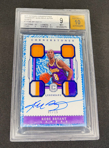 2017 Kobe Bryant Cornerstones Quartz Blue Patch Auto 1/15 BGS 9 10 Legendary Quad Jersey Relic
